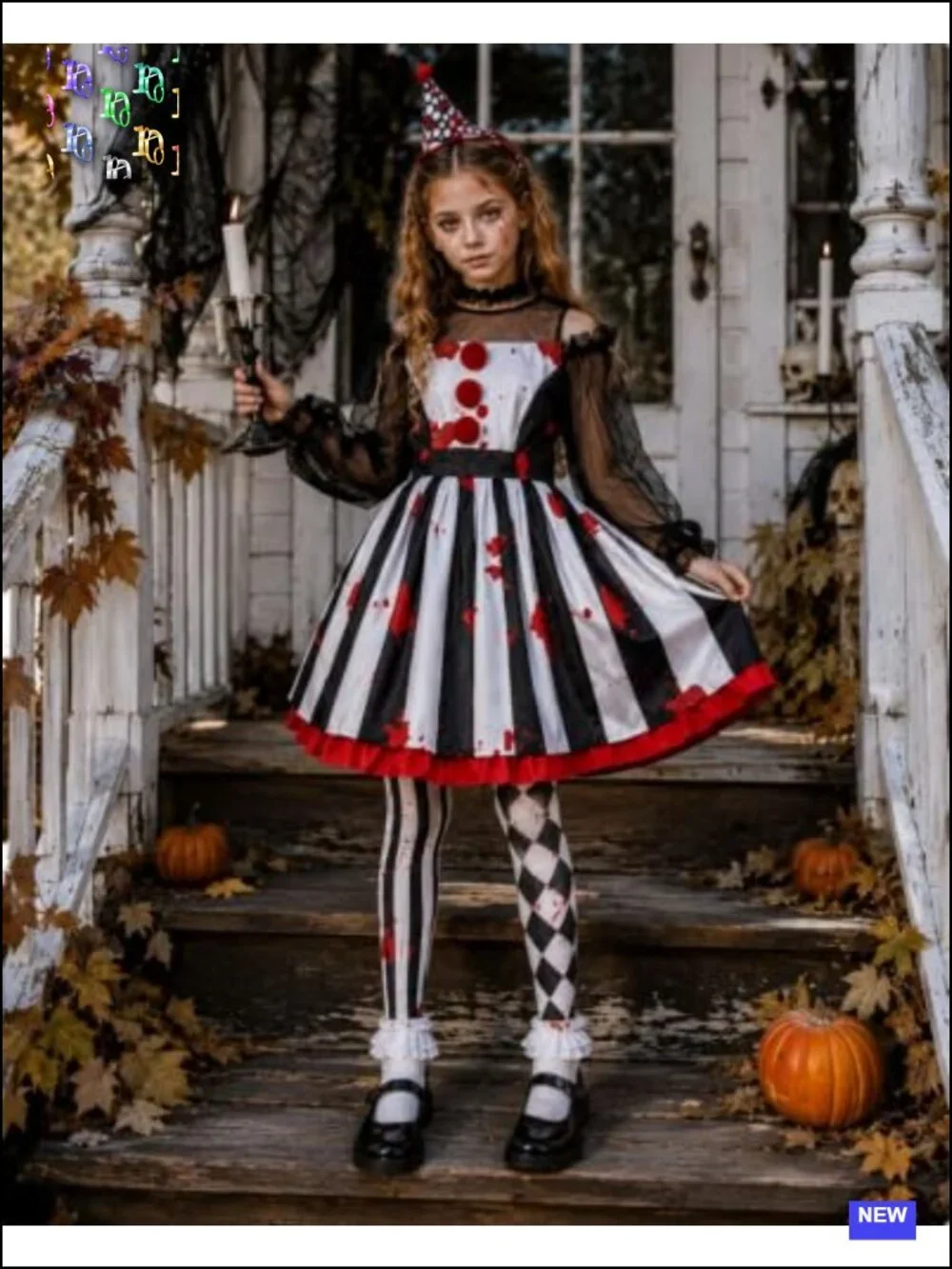 Scary Clown Costume Set for Girls Halloween Horror Dress with Hat Necklace Socks